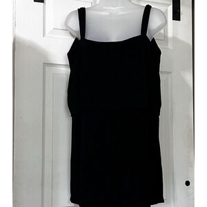 Chicos Travelers SZ 3 L Black Tank Tunic Top Flowy Bust Overlay Straps Slinky